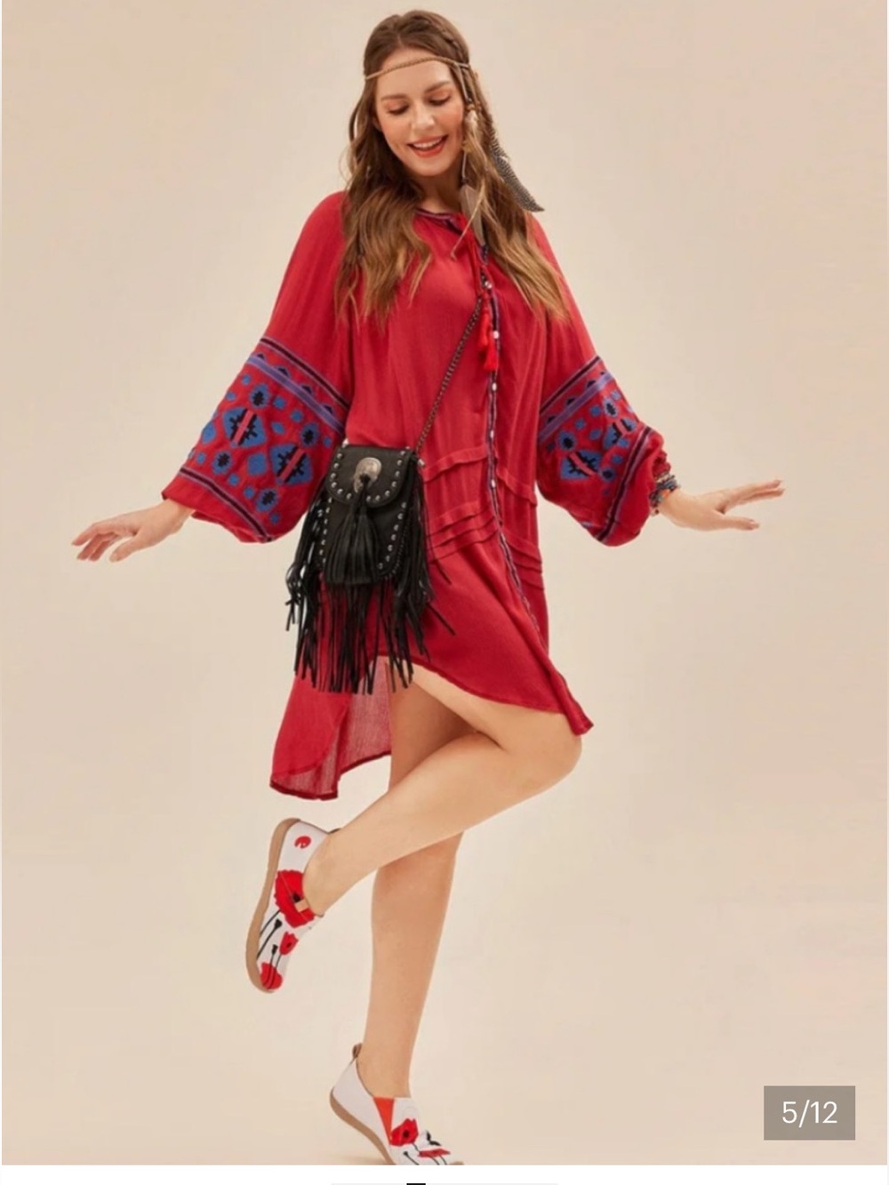 Free People Red Embroidered High-Low Boho Dress with Blue Accents